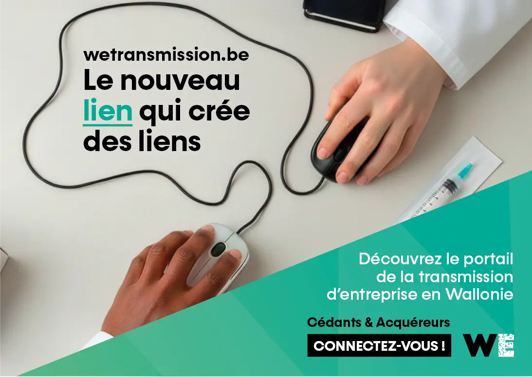 Deux personnes utilisent chacune une souris d’ordinateur reliée par un câble formant un cœur avec un texte promouvant un nouveau portail de transmission d’entreprise en Wallonie.

Description générée par IA