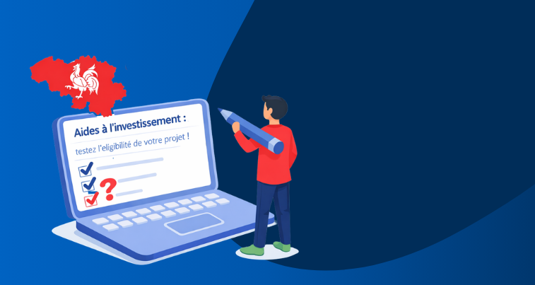 Une personne en tenue décontractée consulte un ordinateur portable affichant un formulaire d'aides à l'investissement avec une carte rouge de la Belgique en arrière-plan.

Description générée par IA