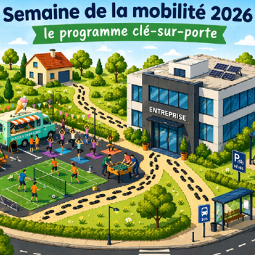 Des adultes participent à diverses activités de plein air comme le yoga, le football, le baby-foot et achètent des glaces près d'un bâtiment d'entreprise et d'un arrêt de bus dans un cadre verdoyant avec un panneau indiquant un parking pour vélos, illustrant la Semaine de la mobilité 2026.

Description générée par IA