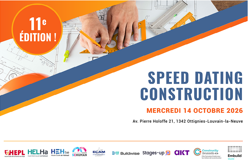 Annonce colorée pour une session de speed dating sur la construction prévue le mercredi 14 octobre 2026 avec une photo d'adultes dessinant des plans architecturaux.

Description générée par IA