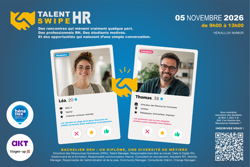 Annonce pour un événement de rencontres professionnelles Talent Swipe HR avec deux profils de personnes présentés comme sur une application de rencontre, prévu le 5 novembre 2026 à Rennes.

Description générée par IA